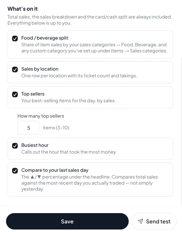 Nightly email settings: food and beverage split, sales by location, top sellers, busiest hour