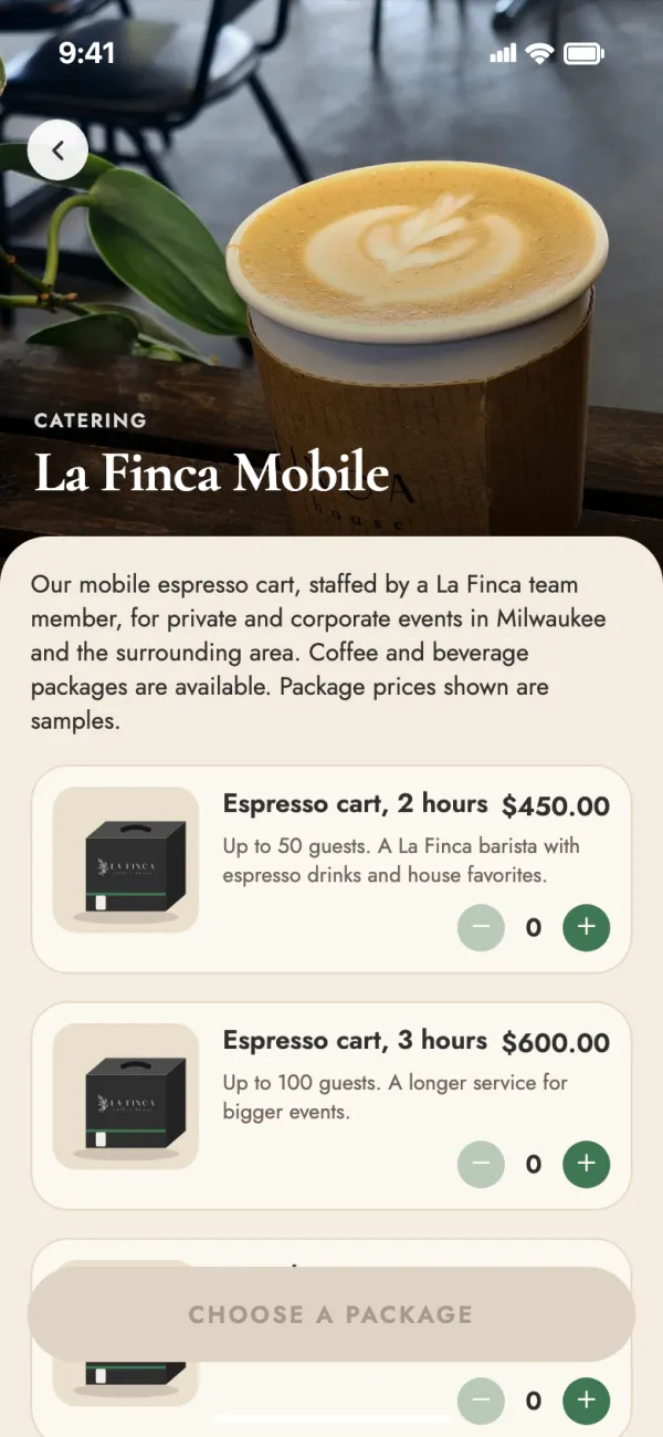 La Finca Mobile espresso cart packages