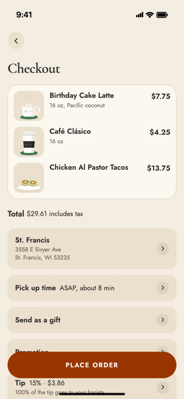 Checkout with pickup time, send as a gift and tip