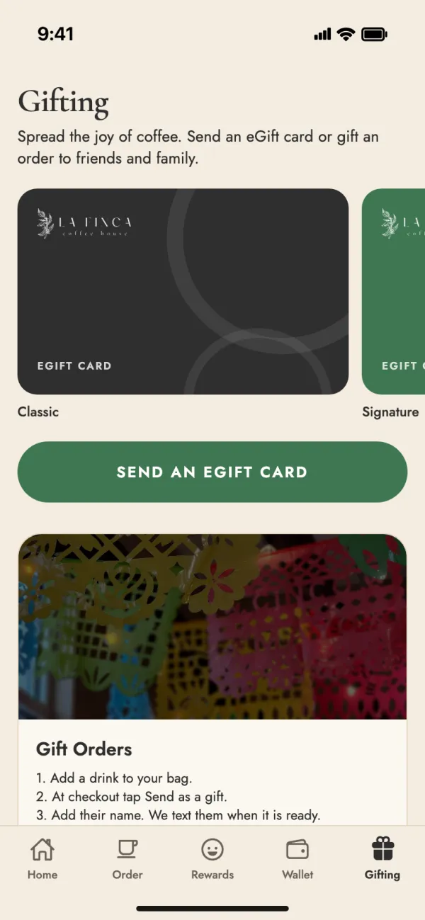 Gifting screen with La Finca eGift card designs