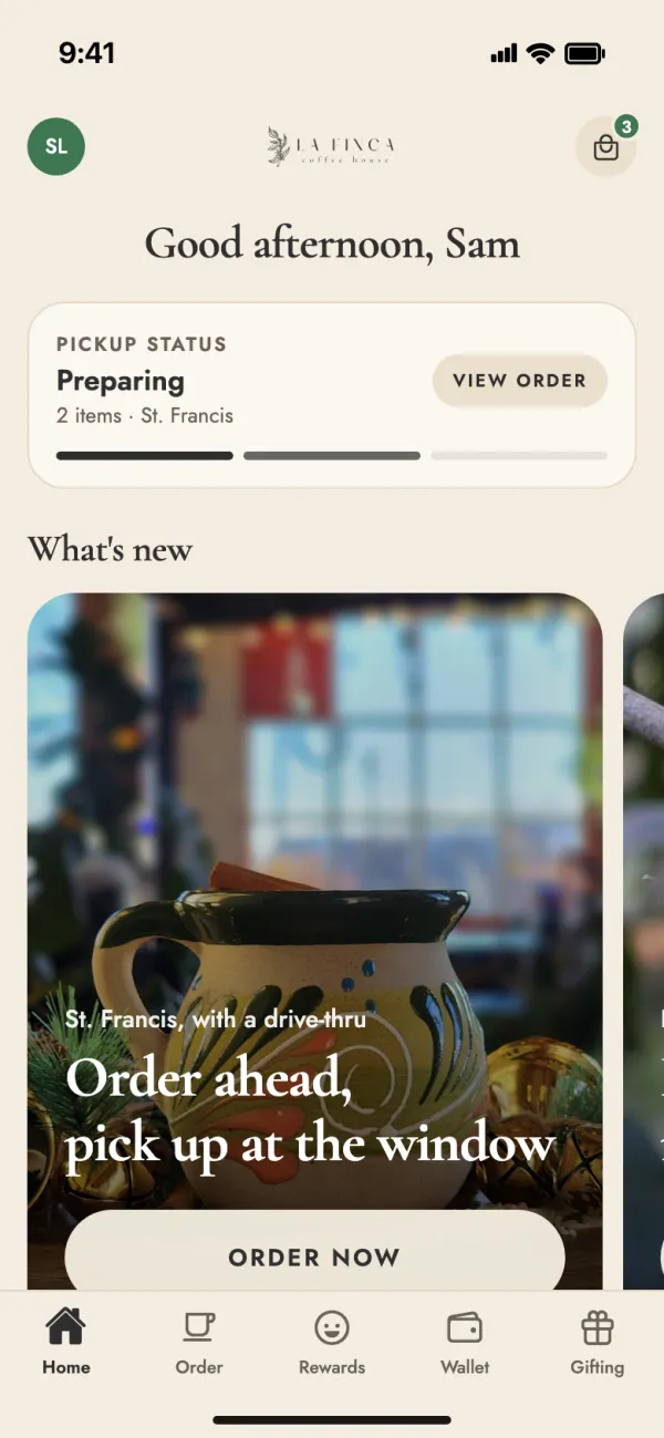 La Finca app home screen with pickup status