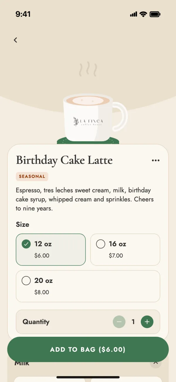 Birthday Cake Latte with 12, 16 and 20 ounce sizes