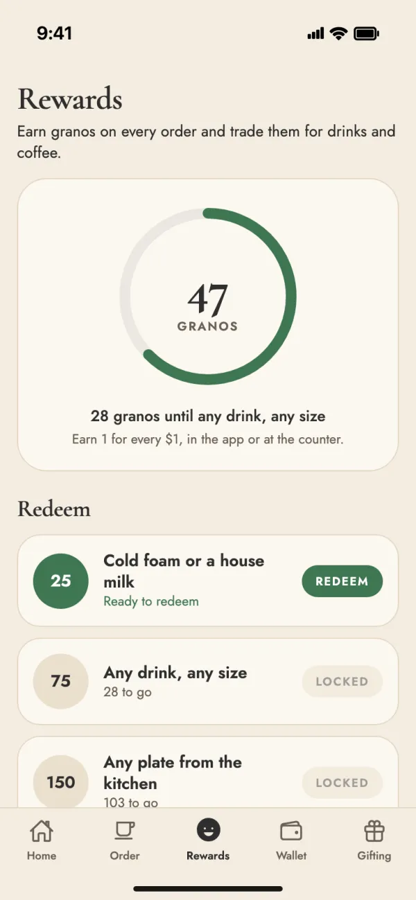 Rewards screen showing 47 granos and rewards to redeem