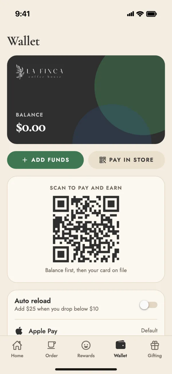 Wallet with balance, scan to pay QR code and auto reload