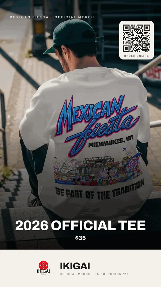 Card reader screen at Mexican Fiesta: official merch photos, a QR to order online, and the vendor’s name