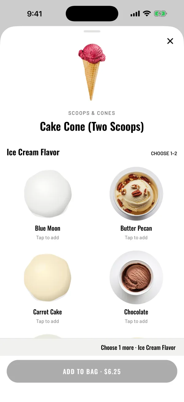 Choosing ice cream flavors for a two scoop cone