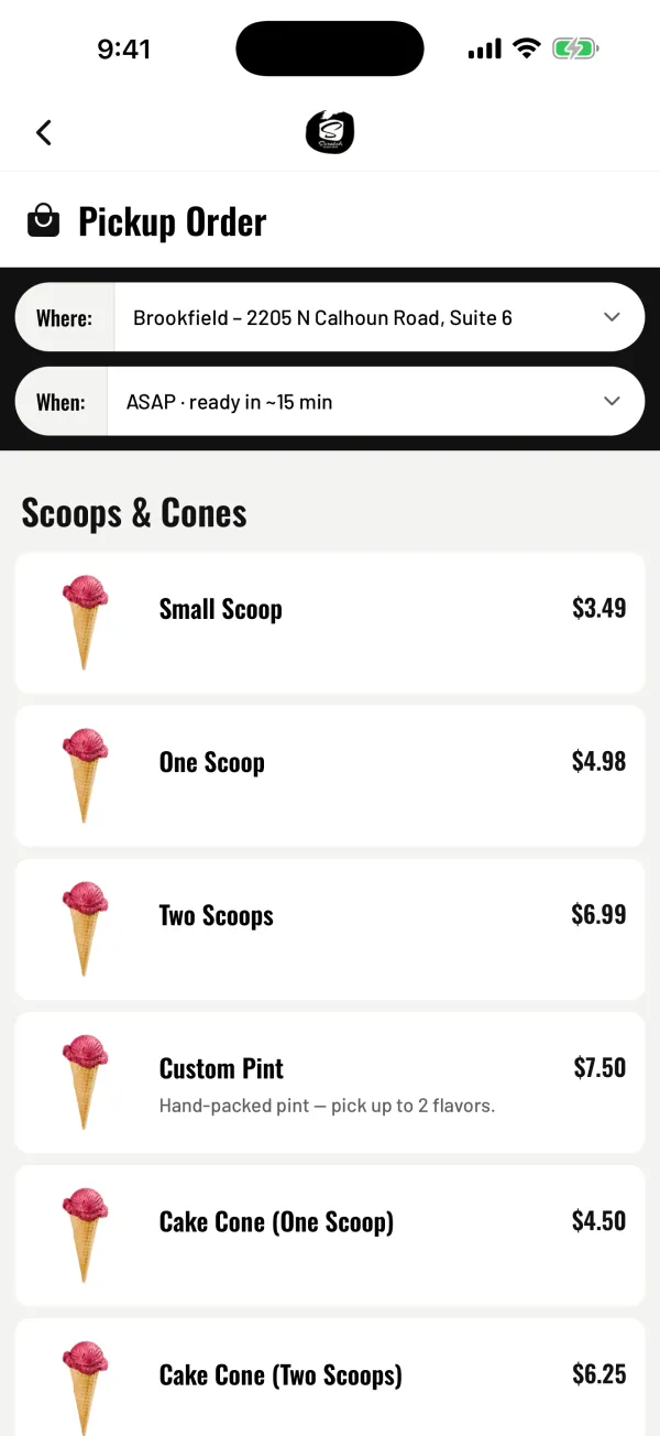 Pickup order menu with shop and ready time