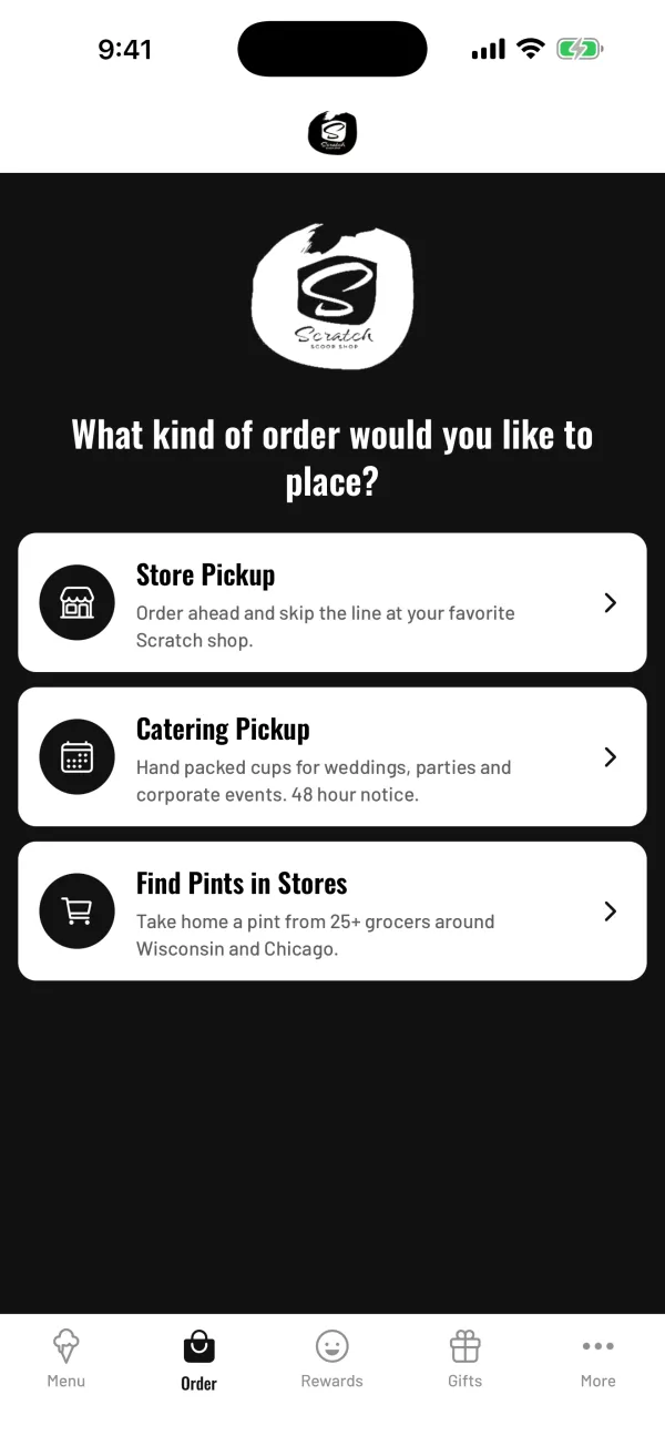 Order type picker: store pickup, catering pickup, find pints